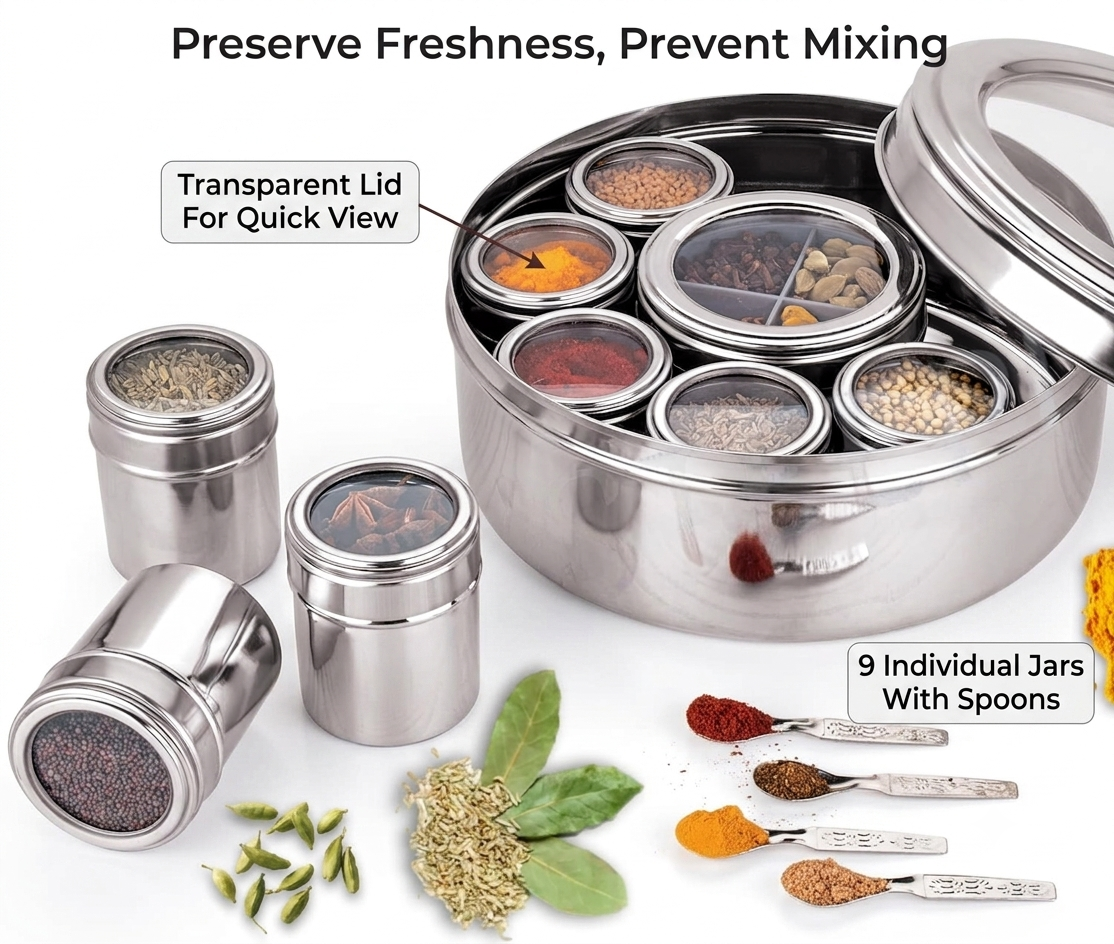 Stainless Steel Masala Box 12-in-1 | 2.5L X-Large Spice Box with 9 Inner Containers & See-Through Airtight Lid | Masala Dabba with 4 Spoons | Food Safe, Durable Steel (22.5cm, Silver)